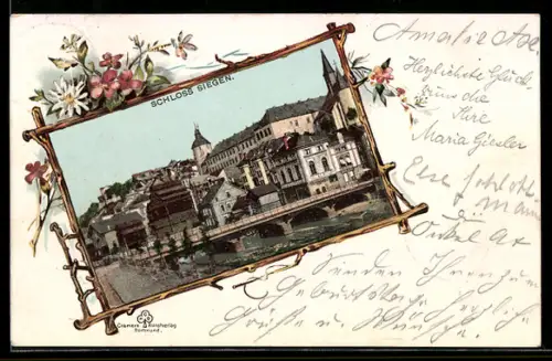 Lithographie Siegen, Schloss, Alpenblumen, Passepartout