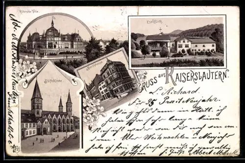 Lithographie Kaiserslautern, Gasthaus Eselsfürth, Villa Kröckel, Stiftskirche
