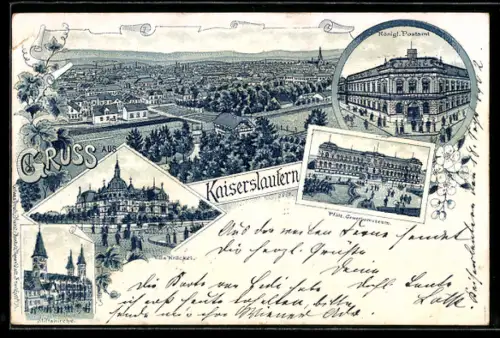 Lithographie Kaiserslautern, Pfälz. Gewerbemuseum, Königliches Postamt, Stiftskirche