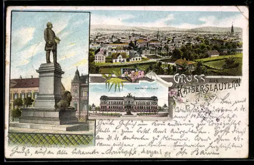 Lithographie Kaiserslautern, Ortspanorama, Gewerbemuseum und Bismarck-Denkmal