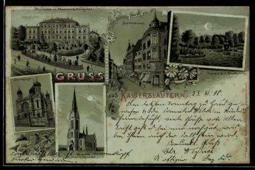 Mondschein-AK Kaiserslautern, Partie in der Markstrasse, Bismarck-Denkmal und Synagoge