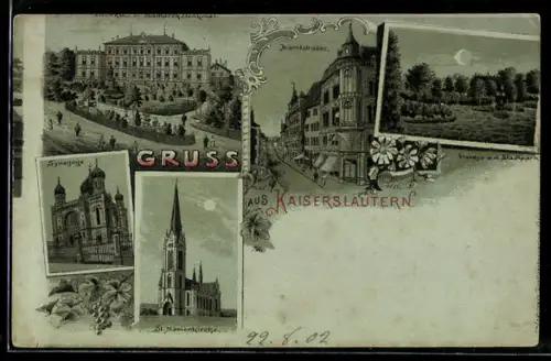 Mondschein-Lithographie Kaiserslautern, Bismarck-Denkmal, Partie in der Marktstrasse und Synagoge