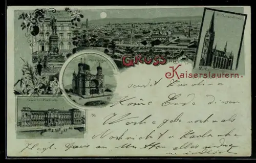 Mondschein-Lithographie Kaiserslautern, Synagoge, Gewerbe-Museum, St. Marien-Kirche