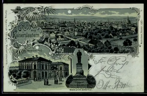 Mondschein-Lithographie Kaiserslautern, Bismarck-Denkmal, Hauptbahnhof, Gesamtansicht