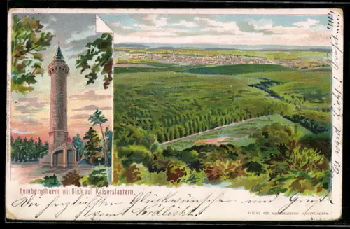 Künstler-Lithographie Kaiserslautern, Humbergthurm und Panorama des Ortes