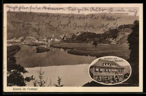 AK Speele im Fuldatal, Gasthaus zum Bahnhof, Inh. H. Gude, mit Teilansicht des Ortes