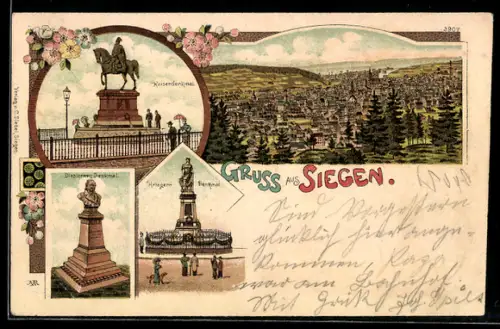 Lithographie Siegen, Diesterweg-Denkmal, Krieger-Denkmal, Kaiserdenkmal