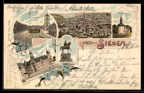Lithographie Siegen, Totalansicht, Marktplatz, Postgebäude, Kaiser Wilhelm I. Denkmal