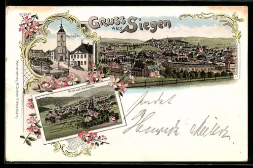 Lithographie Siegen, Marktplatz, Blick auf die Hütten, Ortsansicht