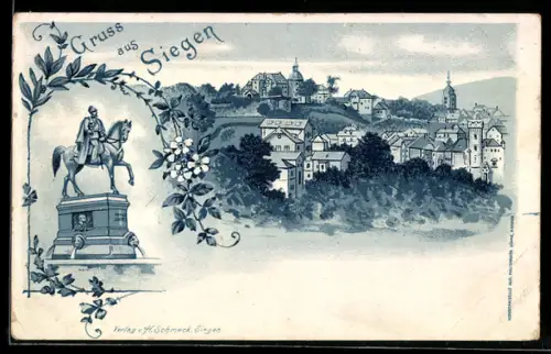 Lithographie Siegen, Ortsansicht mit Denkmal