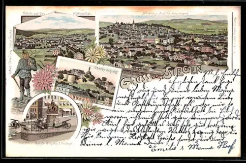 Lithographie Siegen, Totalansicht, Blick auf das Hüttental, Kaiser Wilhelm I. Denkmal und Oberes Schloss