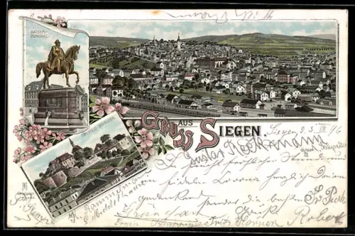 Lithographie Siegen, Totalansicht, Kaiser-Denkmal und Oberes Schloss