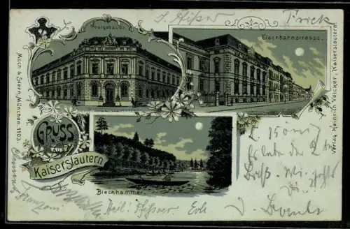Mondschein-Lithographie Kaiserslautern, Ansichten Eisenbahnstrasse, Blechhammer und Postgebäude an Vollmondnacht