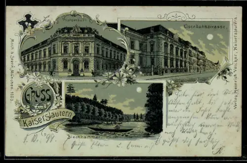 Lithographie Kaiserslautern, Ansichten Eisenbahnstrasse, Blechhammer und Postgebäude an Vollmondnacht