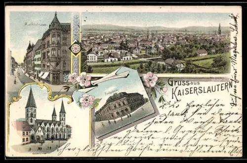 Lithographie Kaiserslautern, Totalansicht, Stiftskirche und Postgebäude