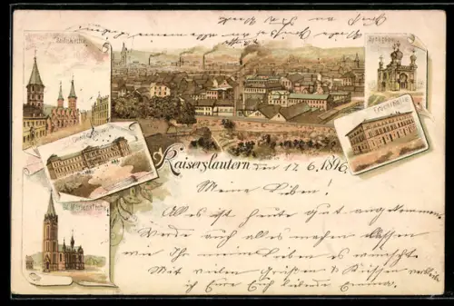 Lithographie Kaiserslautern, Teilansicht des Ortes, Stiftskirche und Synagoge