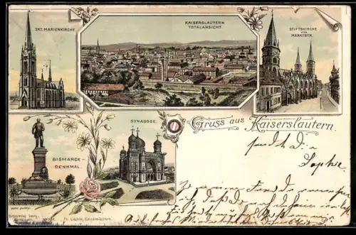 Lithographie Kaiserslautern, Totalansicht, Synagoge, Bismarck-Denkmal und Stiftskirche