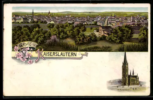 Lithographie Kaiserslautern, Totalansicht und St. Marien Kirche