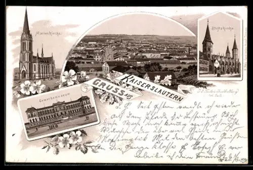 Lithographie Kaiserslautern, Totalansicht, Marienkirche, Stiftskirche und Gewerbemuseum