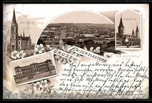 Lithographie Kaiserslautern, Totalansicht, Stiftskirche, Marienkirche und Gewerbemuseum