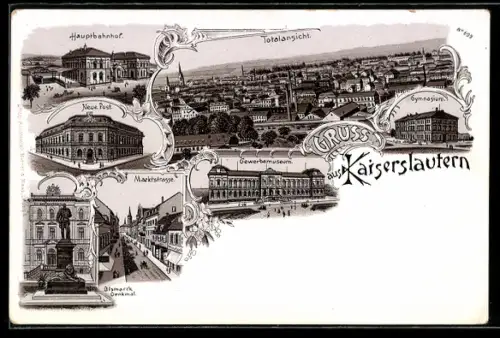 Lithographie Kaiserslautern, Hauptbahnhof, Neue Post, Marktstrasse