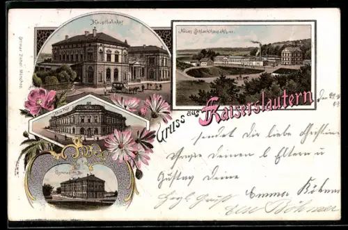 Lithographie Kaiserslautern, Hauptbahnhof mit Pferdekutsche, Neues Schlachthaus, Gymnasium