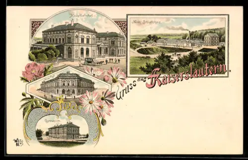 Lithographie Kaiserslautern, Hauptbahnhof, Neues Schlachthaus und Neue Post