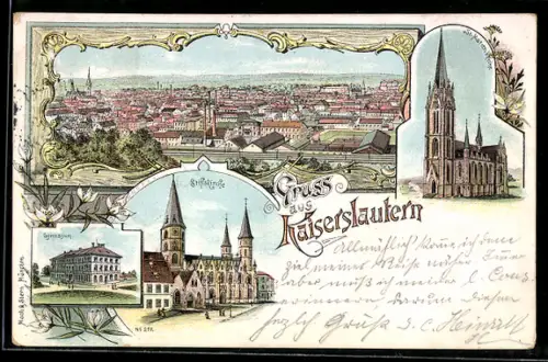 Lithographie Kaiserslautern, Totalansicht, St. Marien-Kirche, Stiftskirche, Gymnasium