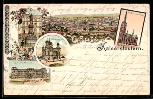 Lithographie Kaiserslautern, Ansicht der Synagoge, Gewerbe-Museum, Bismarck-Denkmal