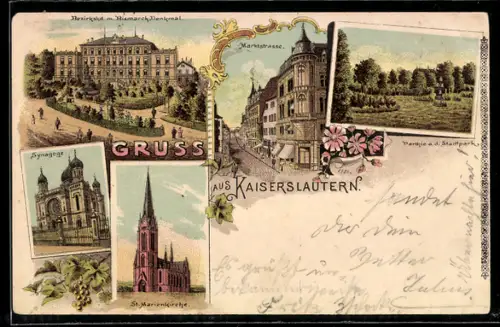 Lithographie Kaiserslautern, Synagoge, St. Marienkirche, Marktstrasse, Parthie a. d. Stadtpark