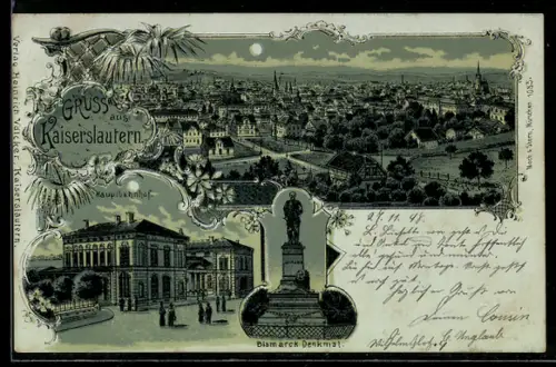 Mondschein-Lithographie Kaiserslautern, Totalansicht, Hauptbahnhof u. Bismarck-Denkmal