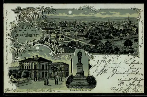 Mondschein-Lithographie Kaiserslautern, Bismarck-Denkmal, Hauptbahnhof, Gesamtansicht