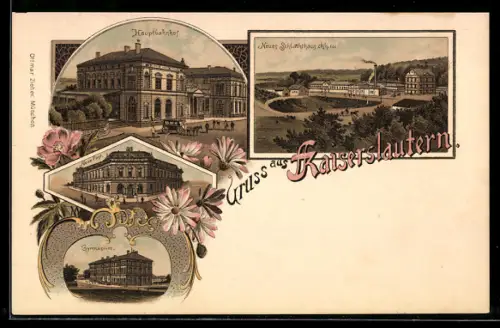 Lithographie Kaiserslautern, Hauptbahnhof mit Pferdekutsche, Neues Schlachthaus, Gymnasium