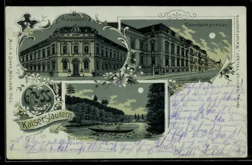 Mondschein-Lithographie Kaiserslautern, Ansichten Eisenbahnstrasse, Blechhammer und Postgebäude an Vollmondnacht
