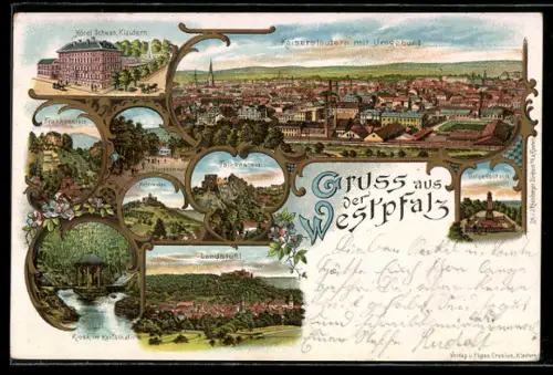 Lithographie Landstuhl, Ortsansicht, Galgenschanze, Bremerhof, Falkenstein, Kiosk im Karlsthal