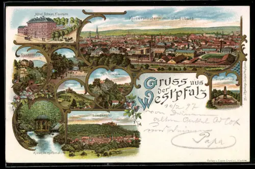 Lithographie Landstuhl, Ortsansicht, Galgenschanze, Bremerhof, Falkenstein, Kiosk im Karlsthal