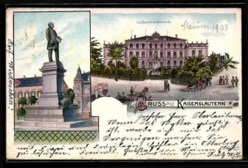 Lithographie Kaiserslautern, K.B. Bezirkskommando und Bismarckdenkmal