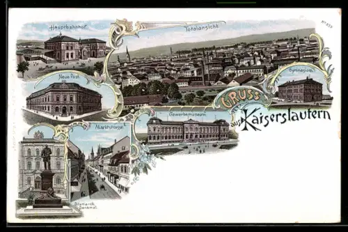 Lithographie Kaiserslautern, Hauptbahnhof, Neue Post, Gewerbemuseum