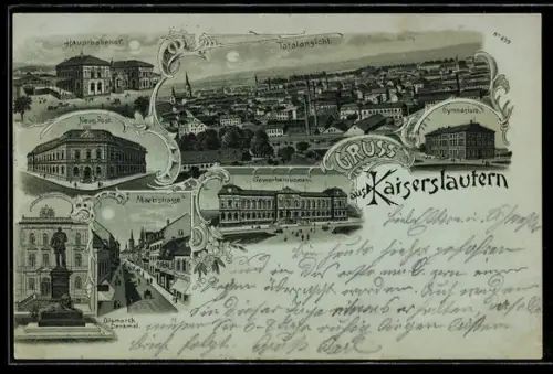 Mondschein-Lithographie Kaiserslautern, Totalansicht, Hauptbahnhof, Neue Post und Bismarck-Denkmal