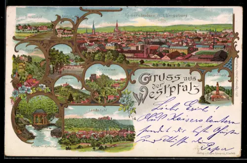 Lithographie Kaiserslautern, Ortsansicht, Falkenstein, Galgenschanze, Landstuhl, Frankenstein