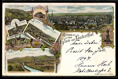Lithographie Kaiserslautern, Glan- und Lauterthal, Buchhandlung von Eugen Crusius, Bahnhof Meisenheim, Wolfstein