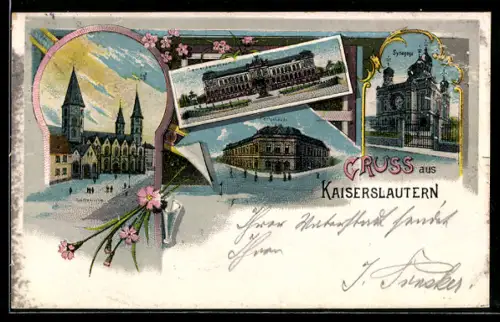 Lithographie Kaiserslautern, Synagoge, Postgebäude und Stiftskirche