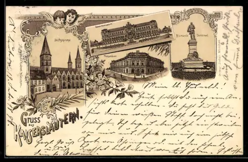 Lithographie Kaiserslautern, Stiftskirche, Postgebäude und Bismarck-Denkmal