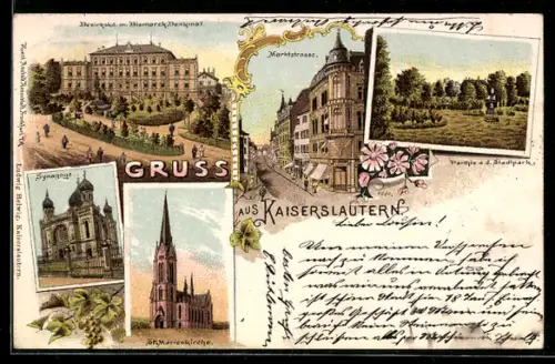 Lithographie Kaiserslautern, Synagoge, St. Marienkirche und Marktstrasse