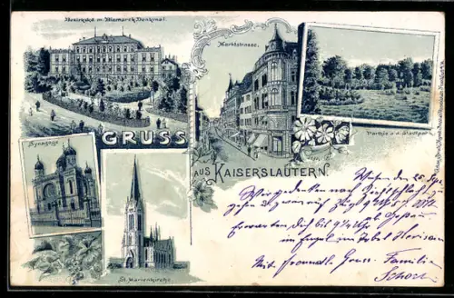 Lithographie Kaiserslautern, Synagoge, St. Marienkirche und Marktstrasse