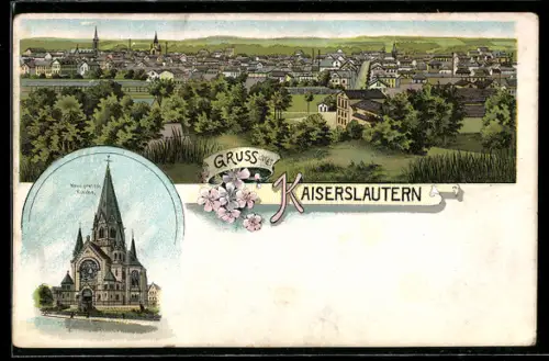 Lithographie Kaiserslautern, Totalansicht und Neue protestantische Kirche