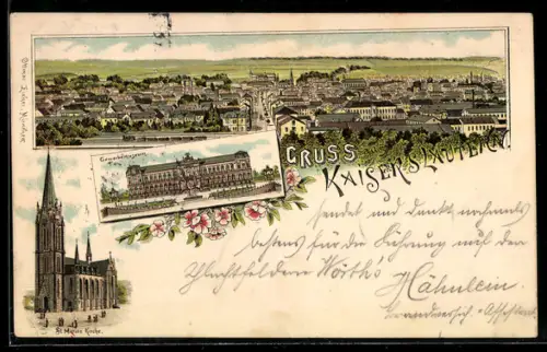 Lithographie Kaiserslautern, Totalansicht, Gewerbemuseum und Stiftskirche