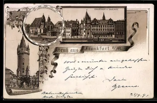 Vorläufer-Lithographie Frankfurt a. M., 1891, Fahrthor & Saalhof, St. Leonhardskirche, Eschenheimer Turm