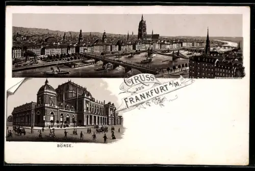 Lithographie Frankfurt a. M., Stadtpanorama, Börse