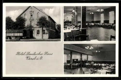AK Varel i. O., Hotel Deutsches Haus, Aussenansicht, Speisesaal, Gesellschaftsraum